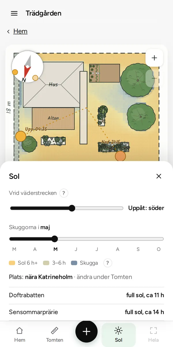 The garden map with the sun map: shade from the house and the trees in May.